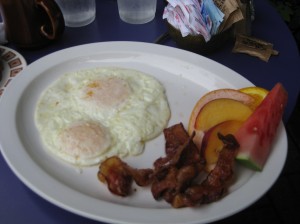 bacon n' eggs n' fruit n' coffee. $6.95